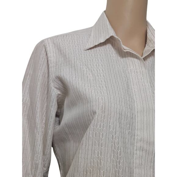 Cream Metallic Top The Clothes Horse Pinstripe Button Up Size 12 Womens Vintage - Picture 2 of 5